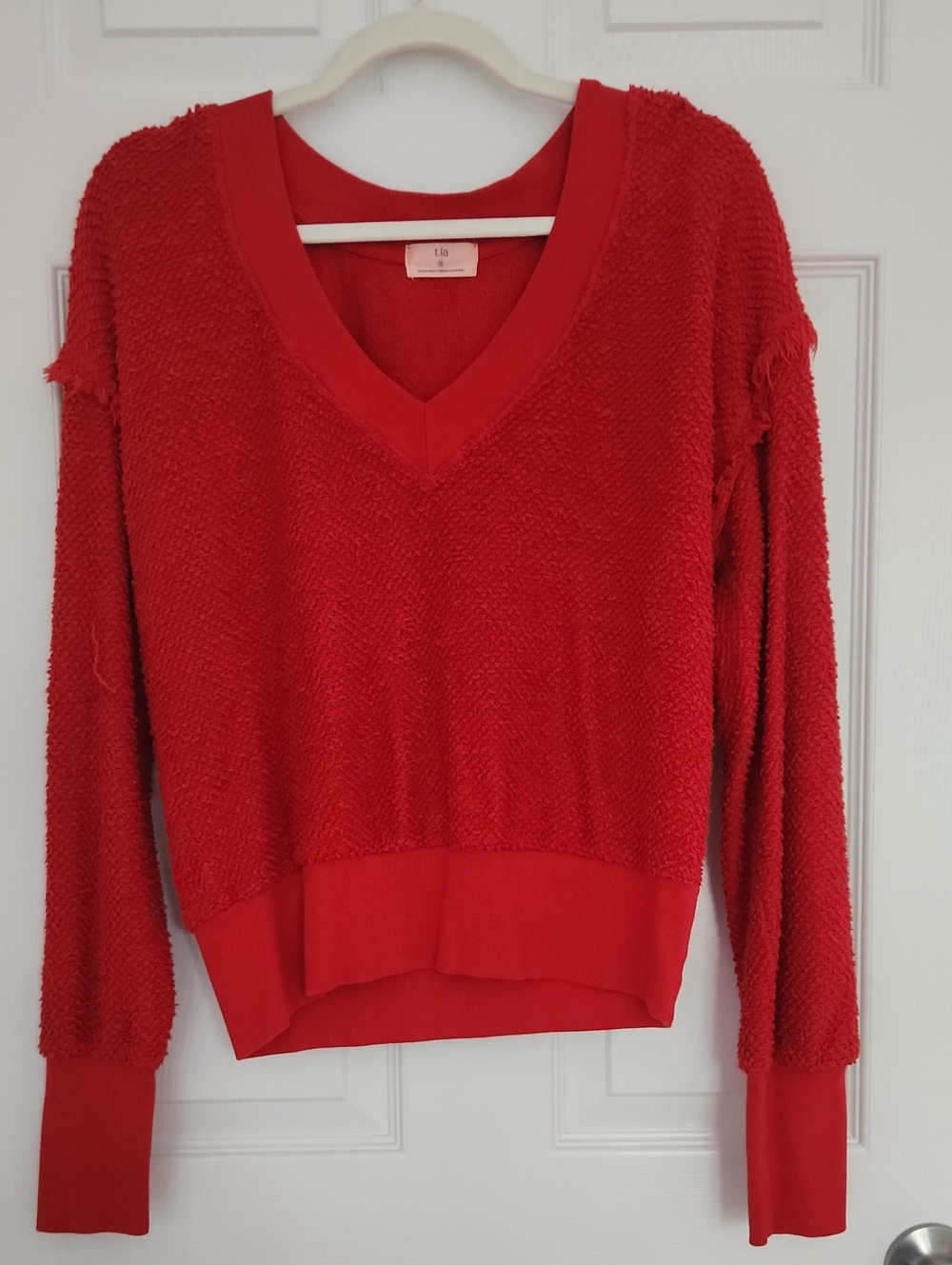 100% Cotton Anthropologie Fall Cropped T.La Red V-Neck Textured Knit Sweater